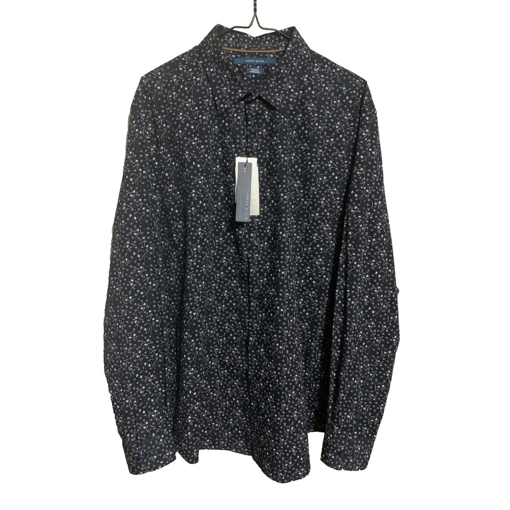NWT‎ Perry Ellis Button-Up Long Sleeve Shirt Men's L  Black Floral Print